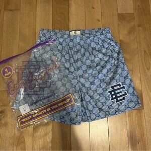 Eric Emanuel Light Blue Monogram Athletic Shorts with Navy Logo